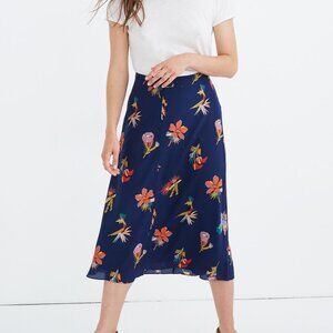 Madewell Silk Atrium Midi Skirt Bird of Paradise Floral Blue Size 10